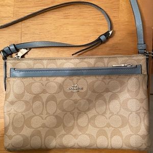 Coach crossbody. Tan with blue strap.